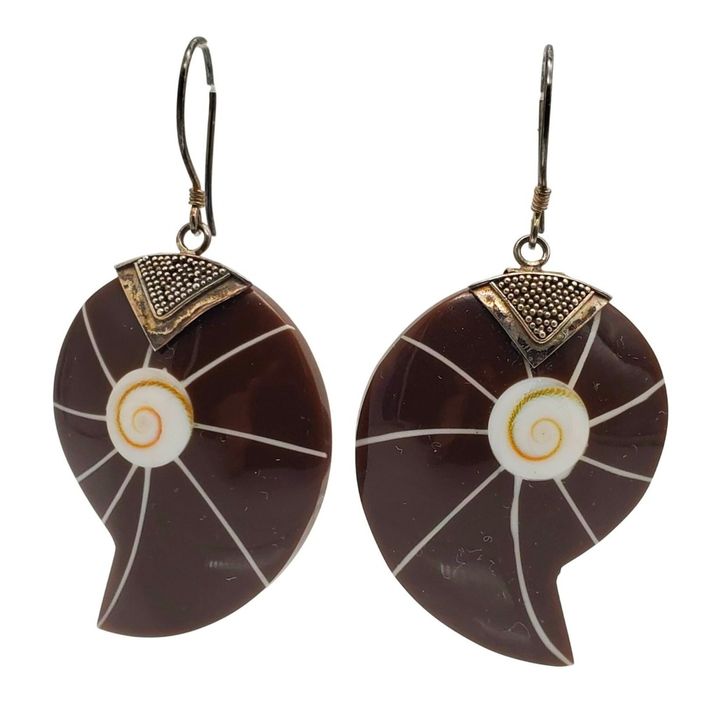 Sterling Silver Brown Resin Earrings Nautilus Shell Boho Beachy 925 Pierced Vtg